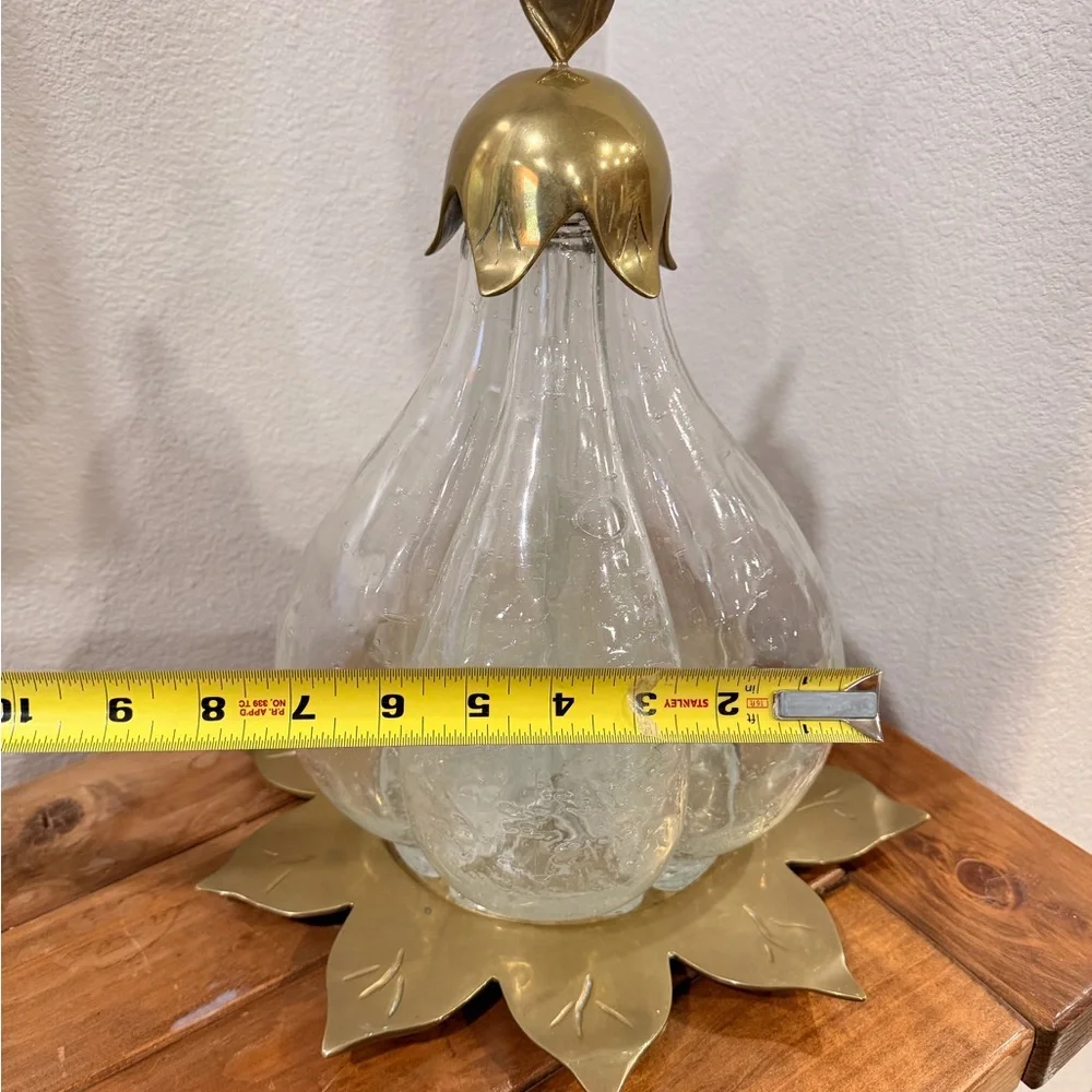 Vintage Italian Glass Pear Decanter Set 5 Bottles Brass Leaf Stand MCM 1960s